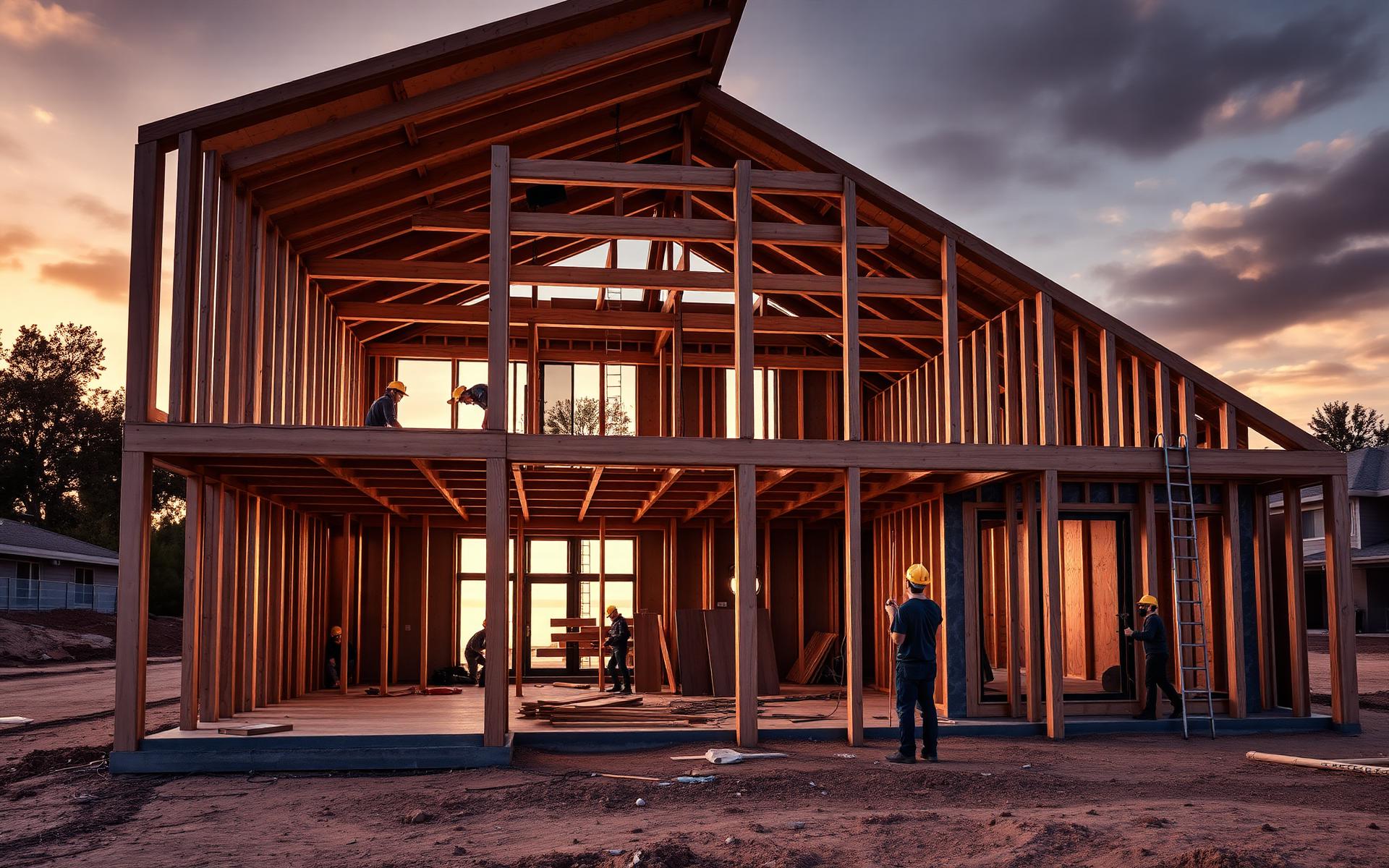 Modern home under construction at golden hour